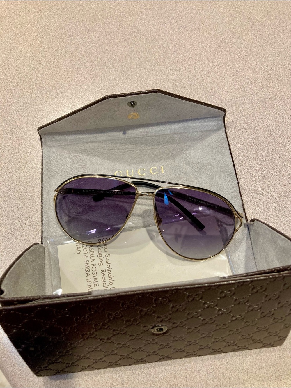 Gucci Gold Womens Aviator Sunglasses with Light Blue lavender Gradient Lenses